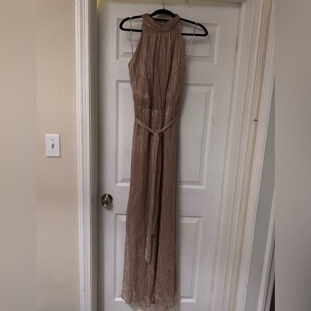 Taylor Shimmery Taupe Halter Jumpsuit